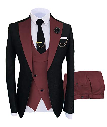 Men's Suits Slim Fit 3 Pieces Notch Lapel Formal Groomsmen Tuxedos for Wedding (Blazer+Vest+Pant)(Burgundy,42)